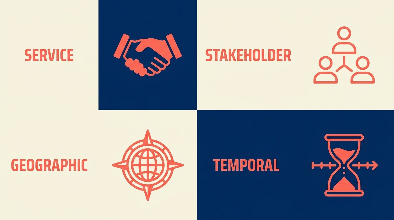 Four quadrants showing service, stakeholder, geographic, and temporal white space categories
