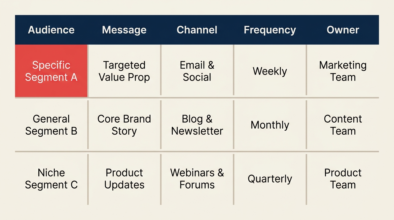 Project communication plan matrix showing audience, message, channel, frequency, and owner columns