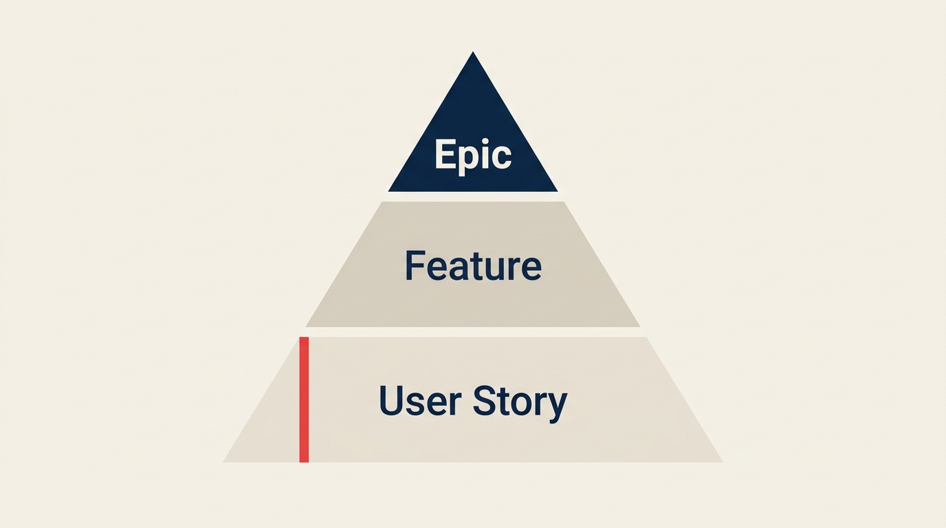 Three-tier agile hierarchy diagram showing epics vs features vs user stories in project management
