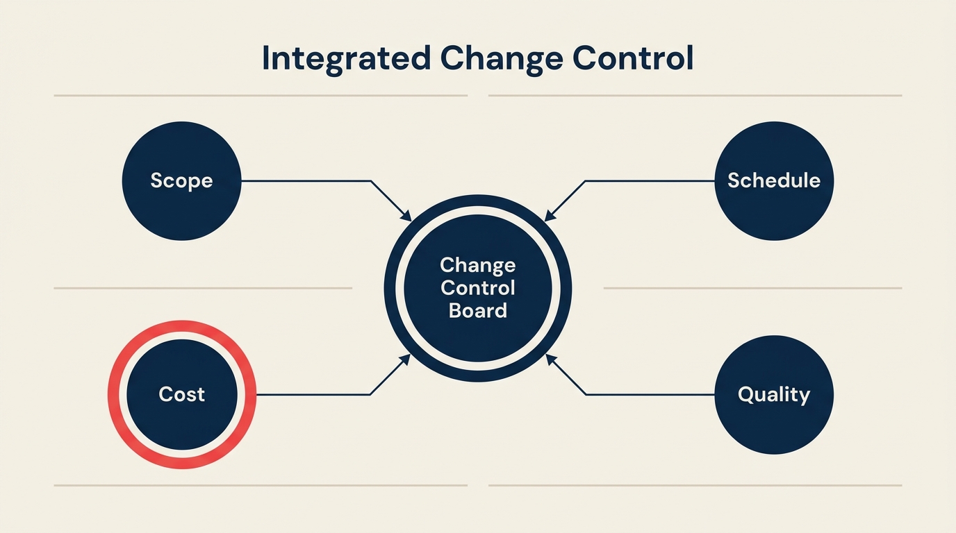 Integrated change control hub linking scope, schedule, cost, and quality through a change control board