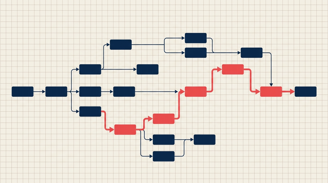 Project network diagram of connected activity nodes with the critical path highlighted