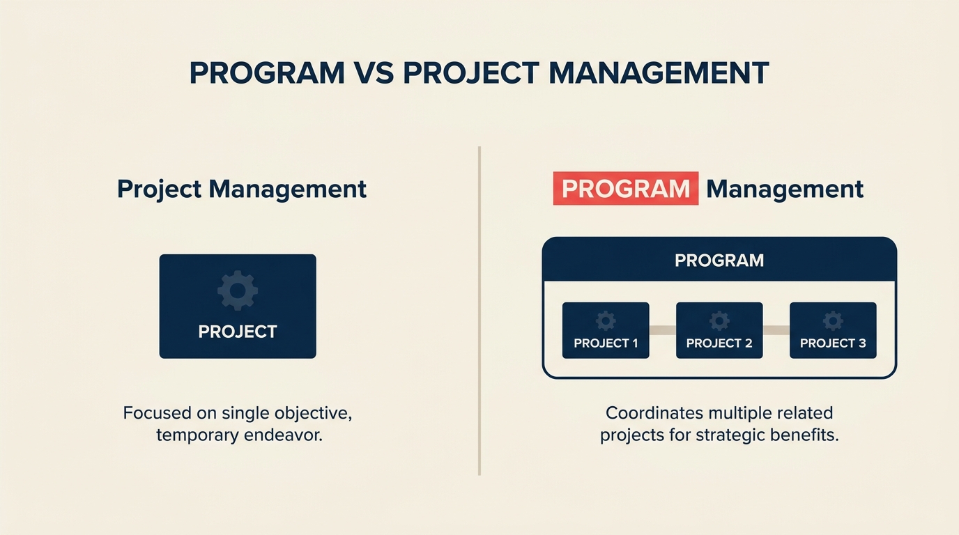 Program vs project management comparison showing a program container holding multiple linked project boxes