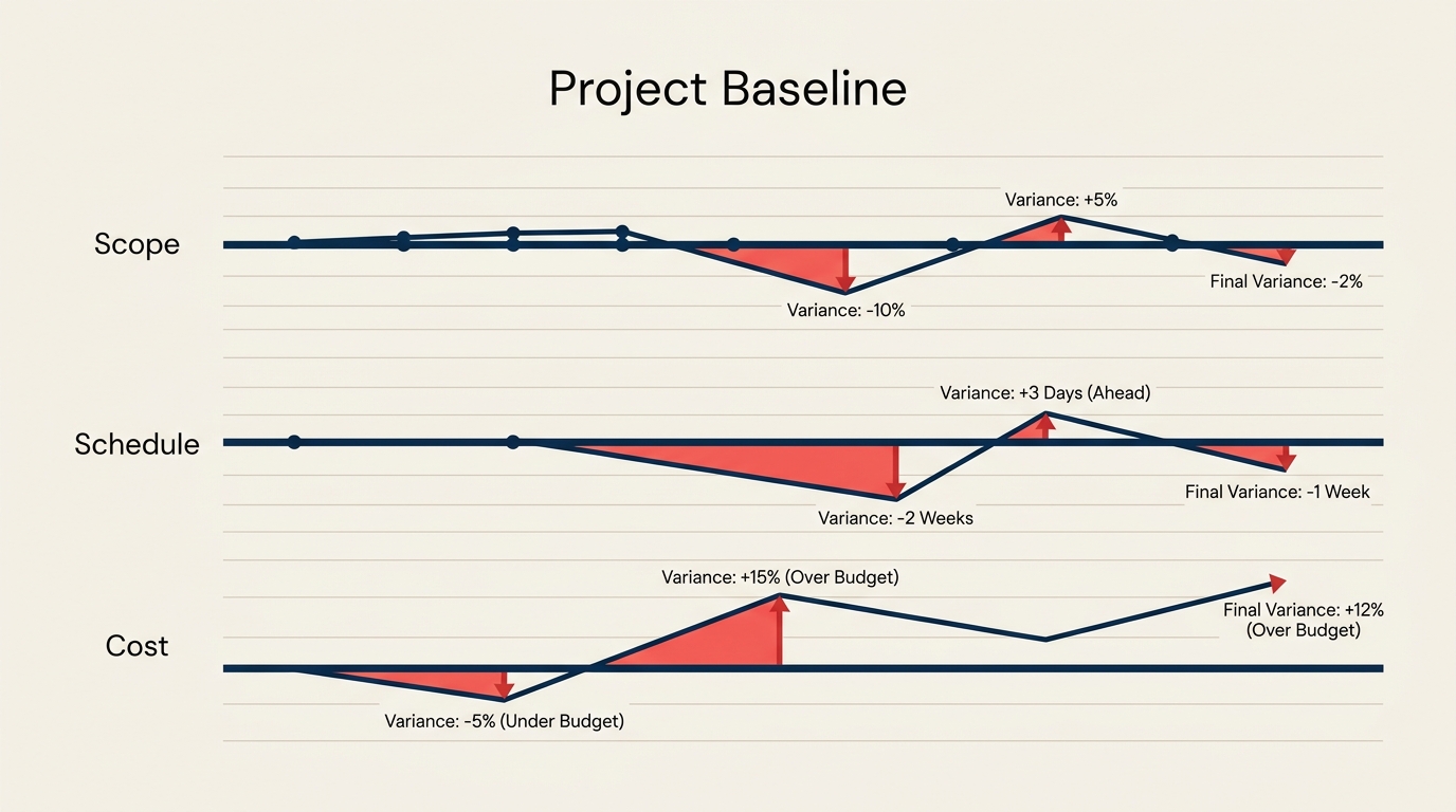 Project baseline chart showing the scope, schedule, and cost baselines with an actual progress line and a variance gap
