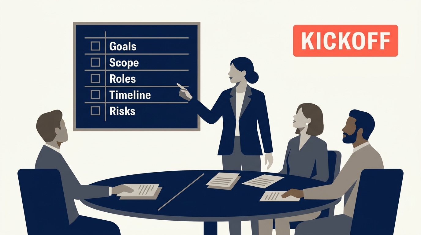 Project kickoff meeting agenda board with team around a table and a coral KICKOFF badge