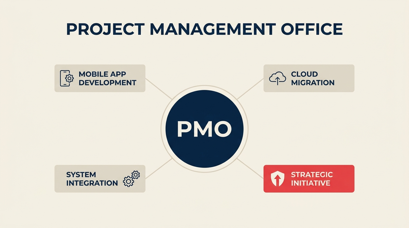 Project management office hub connected to project cards showing PMO governance structure
