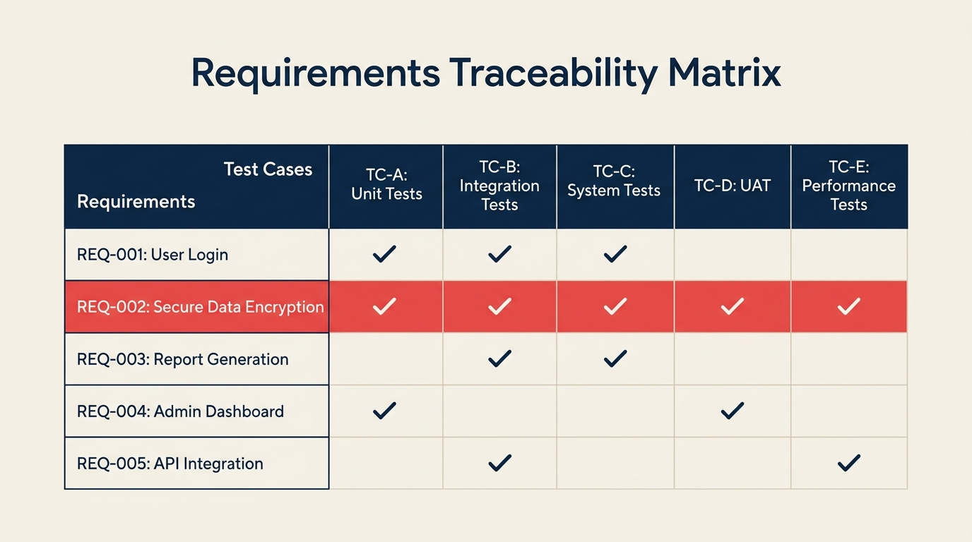 Requirements traceability matrix grid linking requirements to design, build, and test with traced links