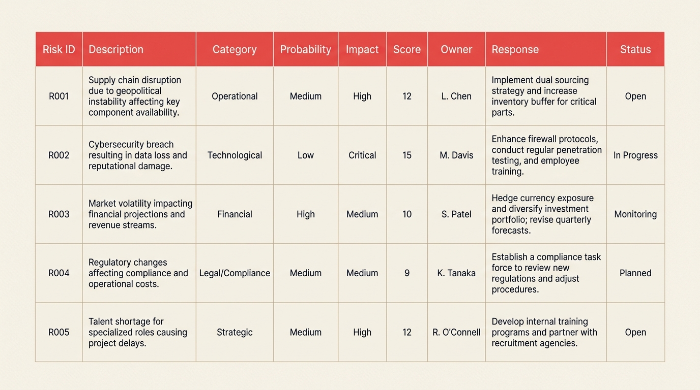 Risk register template showing risk ID, probability, impact, score, and owner columns