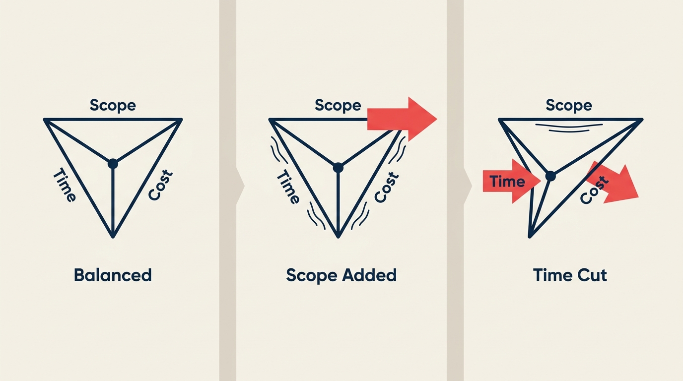 Triple constraint trade off showing how changing one side affects the others