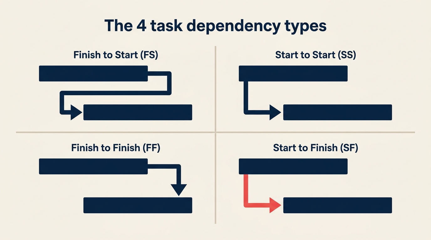 Gantt chart dependency types: finish-to-start, start-to-start, finish-to-finish, start-to-finish