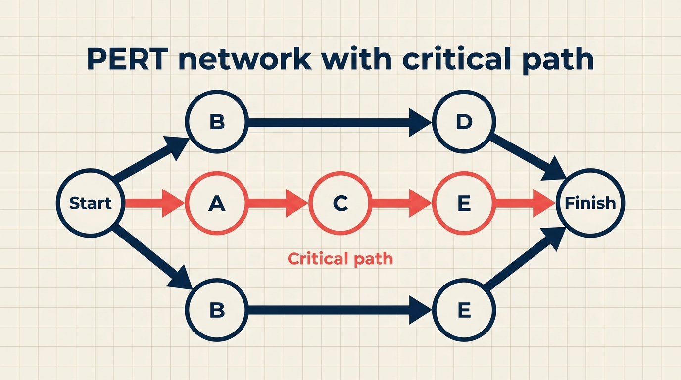 A 7-node PERT network with the critical path highlighted in coral red