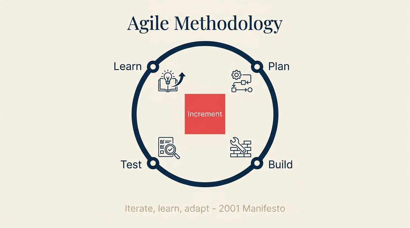 Agile methodology cycle showing iterative sprints with continuous customer feedback