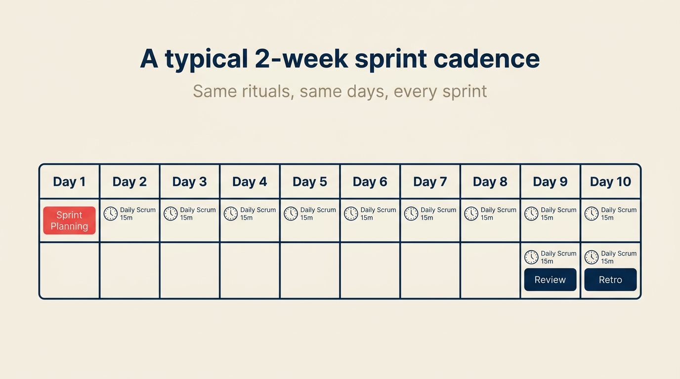 Two week sprint cadence calendar showing planning daily scrums review and retrospective placement