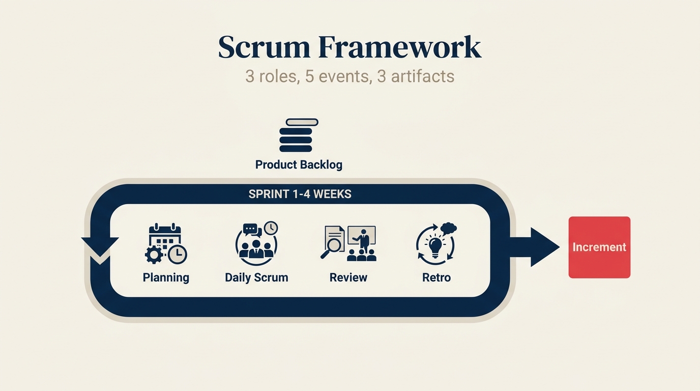 Scrum framework showing sprint cycle with product backlog daily scrum review and retrospective