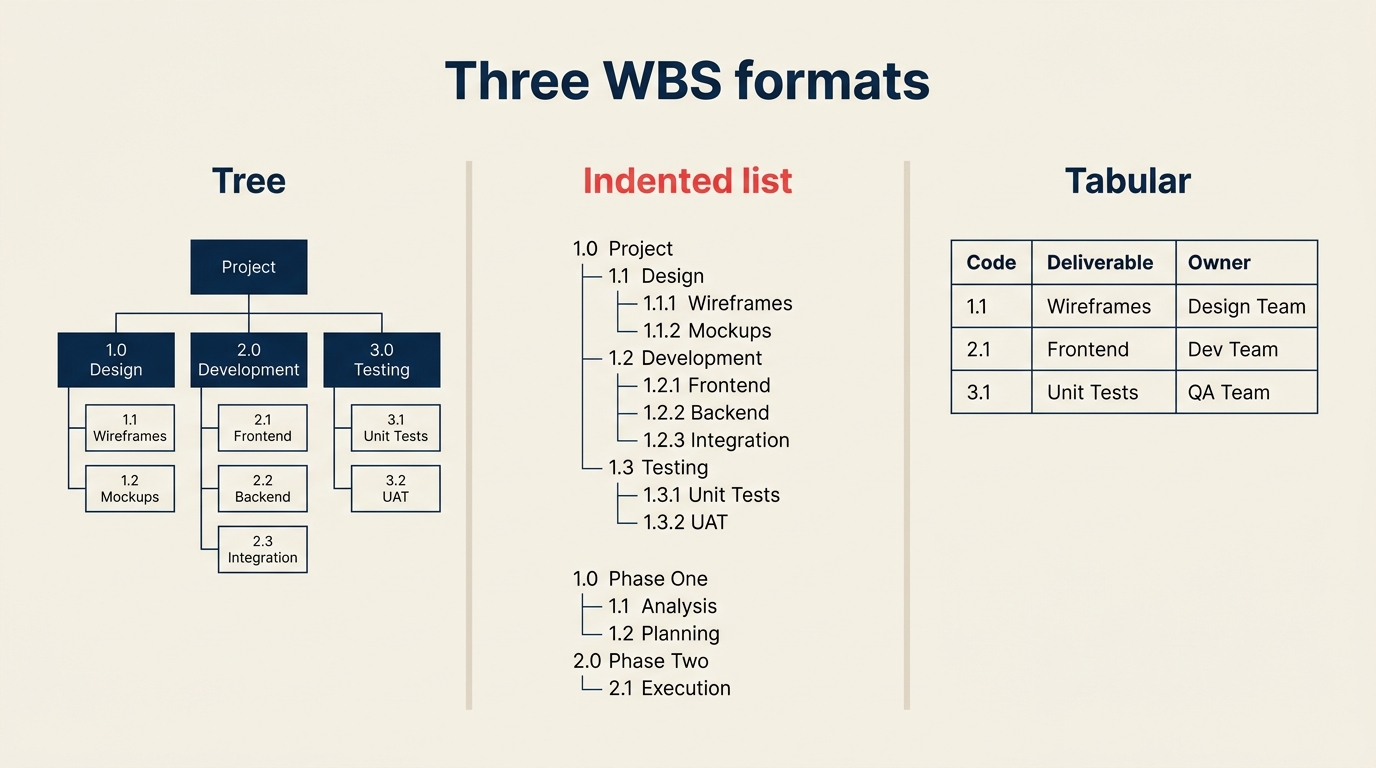 Three WBS formats side by side: tree, indented list, tabular