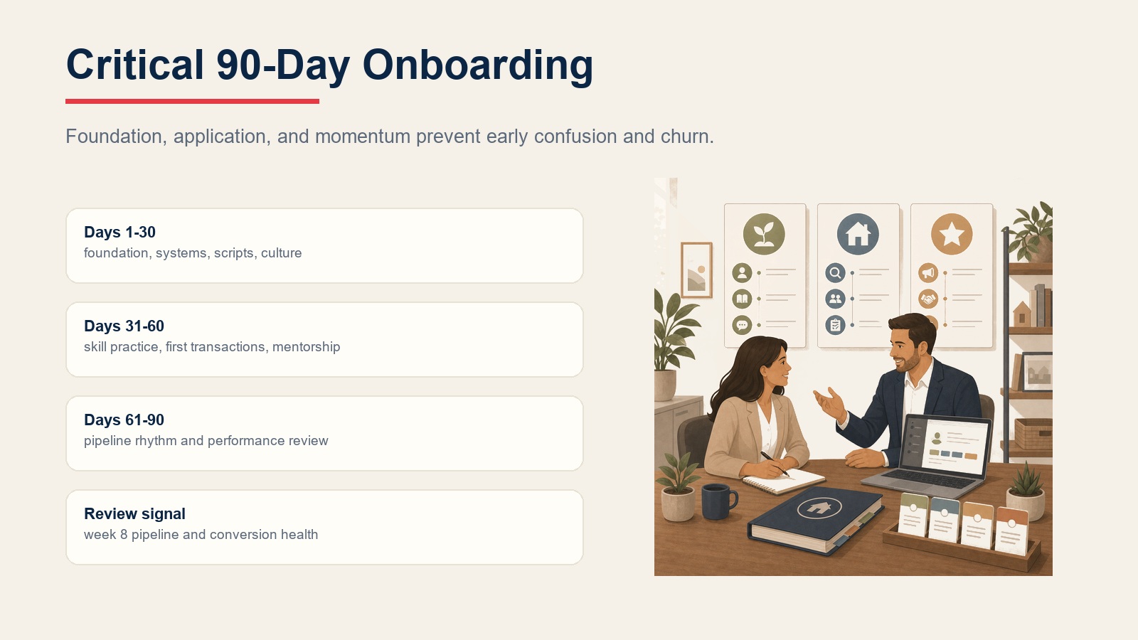 Critical 90-day onboarding cards for foundation, application, momentum, and review signal