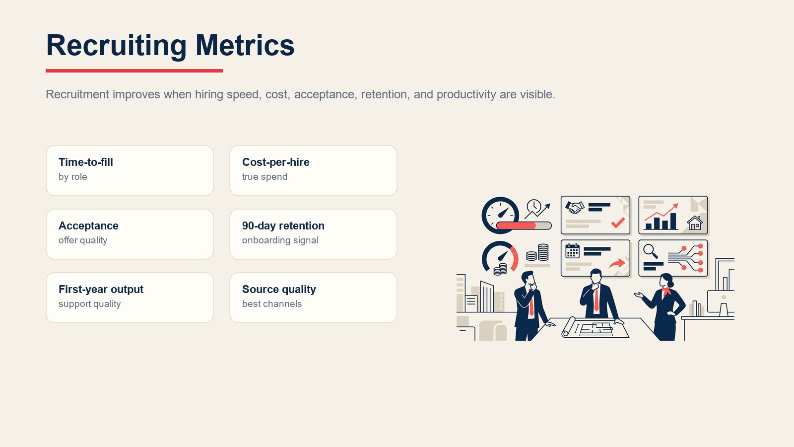 Recruiting metrics for time-to-fill, cost-per-hire, offer acceptance, retention, productivity, and source quality