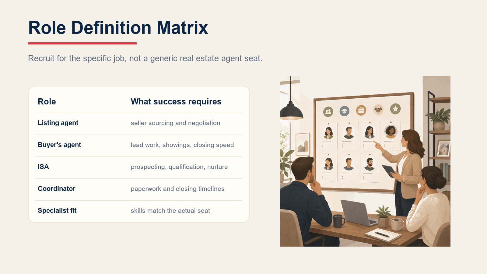 Role definition matrix comparing listing agent, buyer agent, ISA, coordinator, and specialist fit