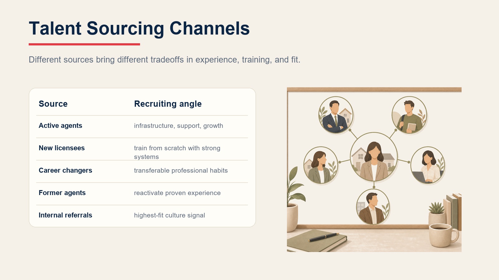 Talent sourcing channels table for active agents, new licensees, career changers, former agents, and internal referrals