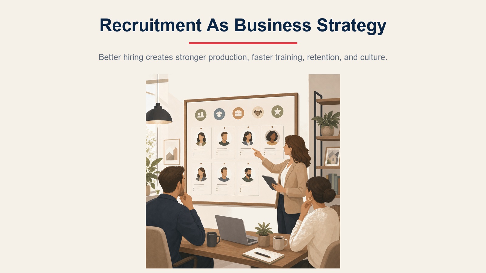Recruitment as business strategy visual showing candidate profiles and team leader review