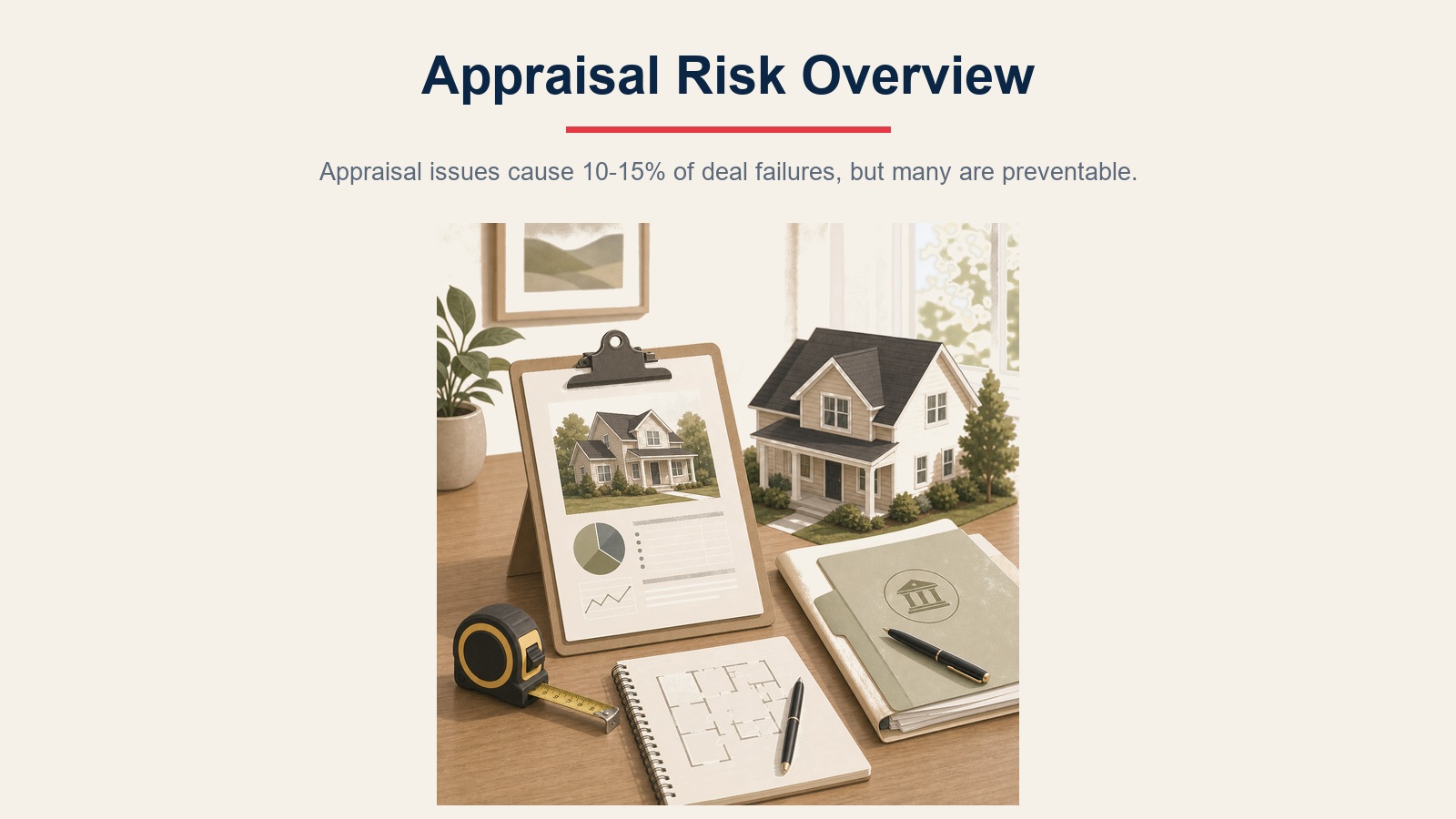 Appraisal risk overview visual showing property valuation documents, lender folder, and appraiser tools