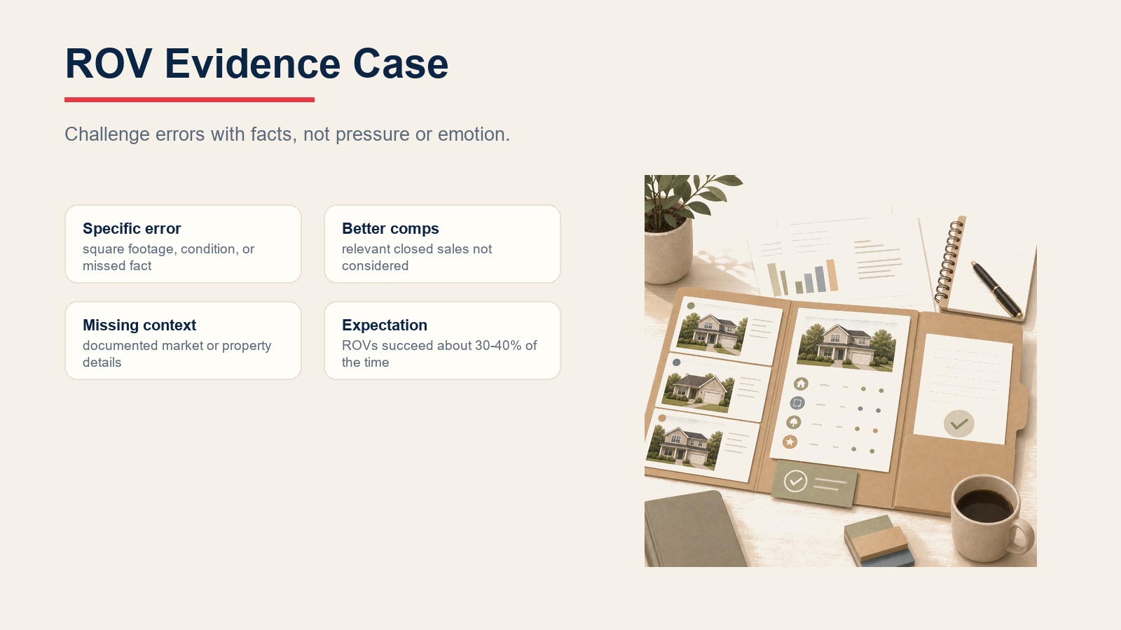 ROV evidence case cards showing specific errors, better comps, missing context, and expected success rate
