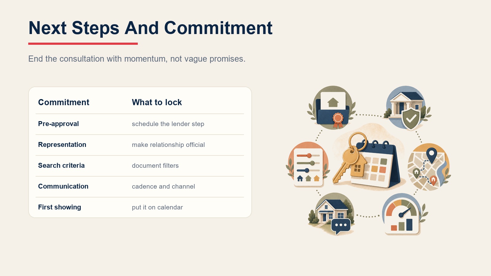 Buyer consultation next steps and commitment checklist for pre-approval, representation, search criteria, communication, and first showing