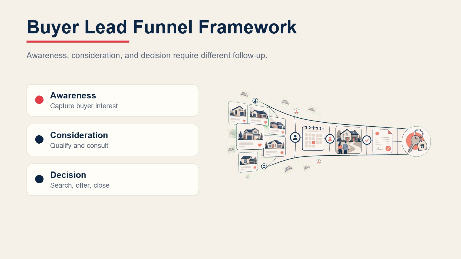 Buyer lead funnel framework showing awareness, consideration, and decision stages
