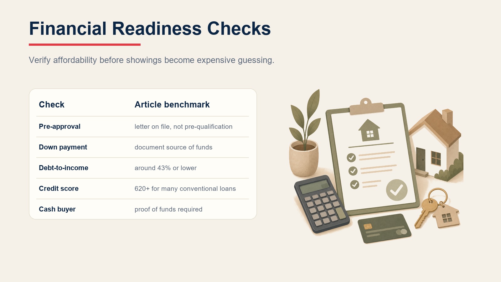 Financial readiness checks table for pre-approval, down payment, debt-to-income, credit score, and proof of funds
