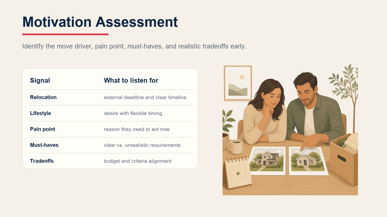 Buyer motivation assessment table showing relocation, lifestyle, pain point, must-haves, and tradeoffs