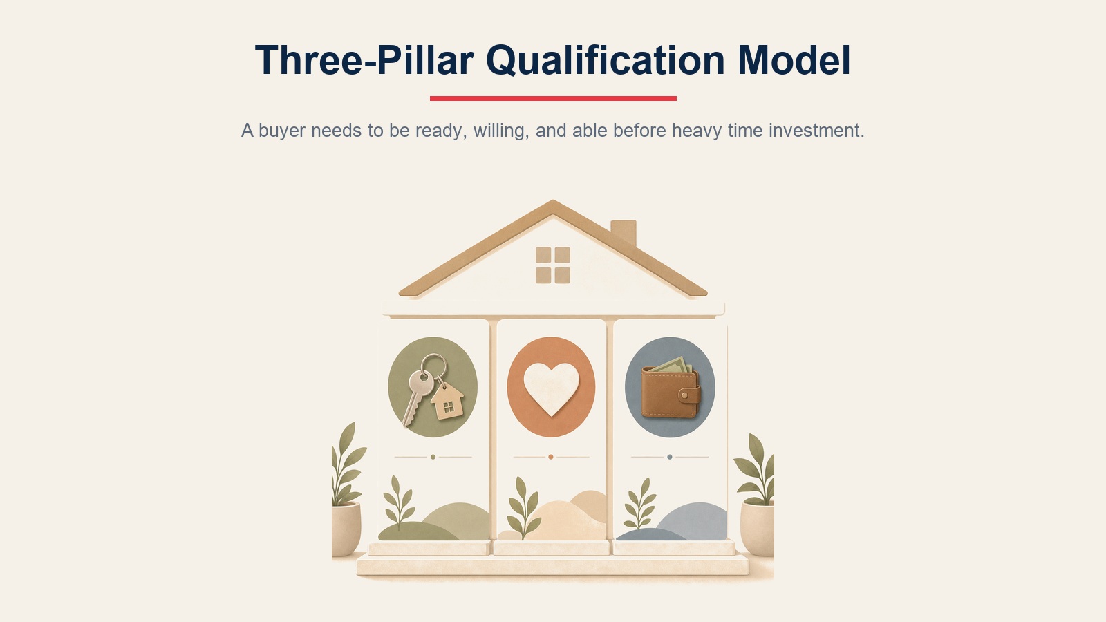 Three-pillar buyer qualification model showing ready, willing, and able as the core criteria