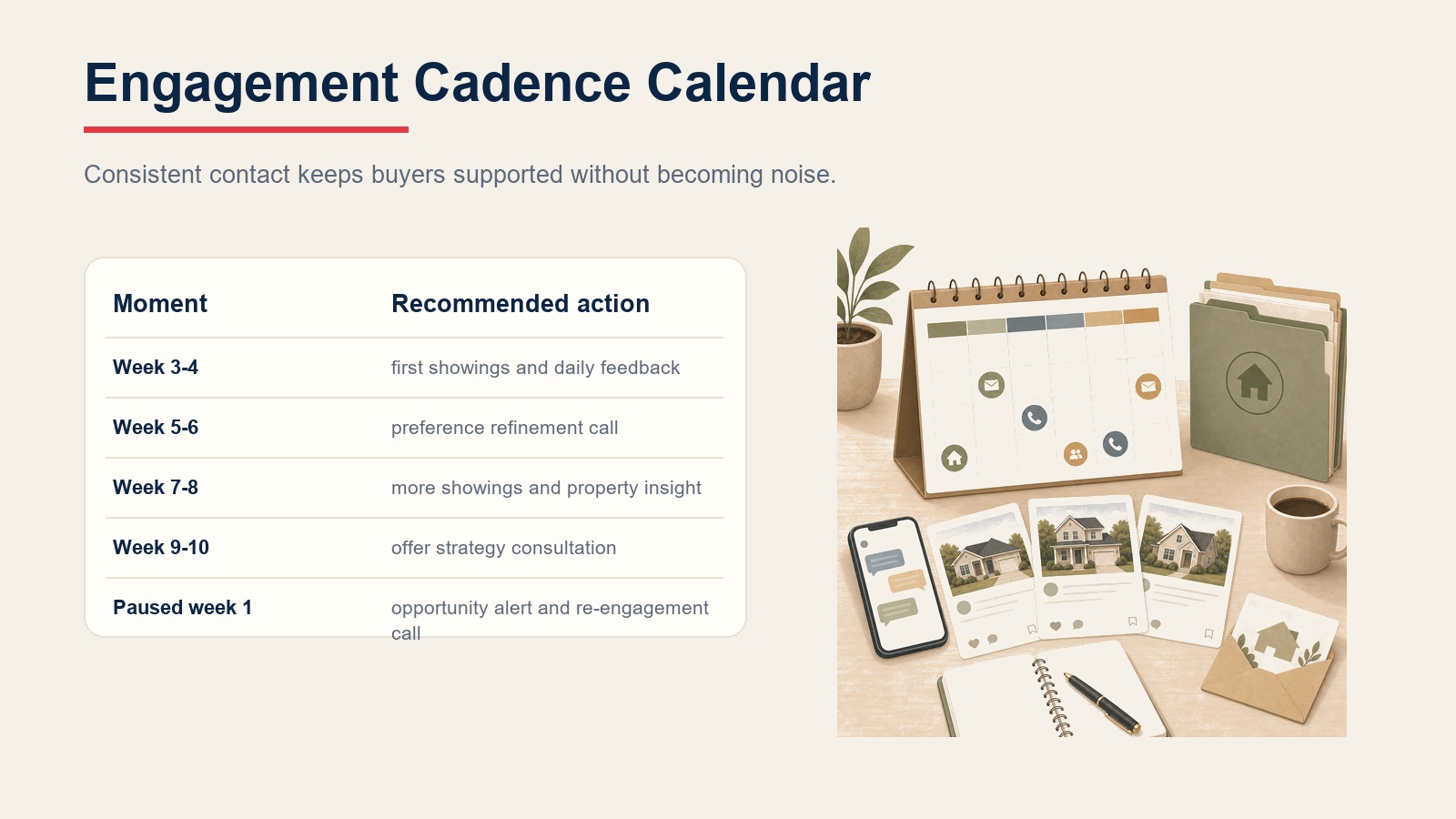 Engagement cadence calendar table showing weekly buyer follow-up actions