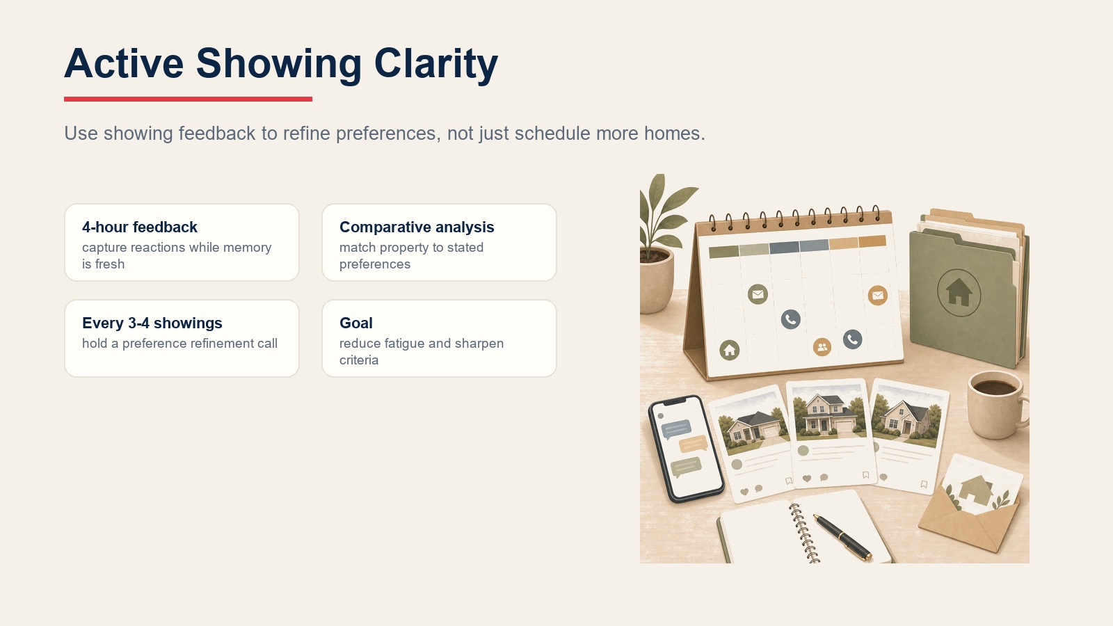 Active showing clarity cards for four-hour feedback, comparative analysis, preference calls, and reducing fatigue
