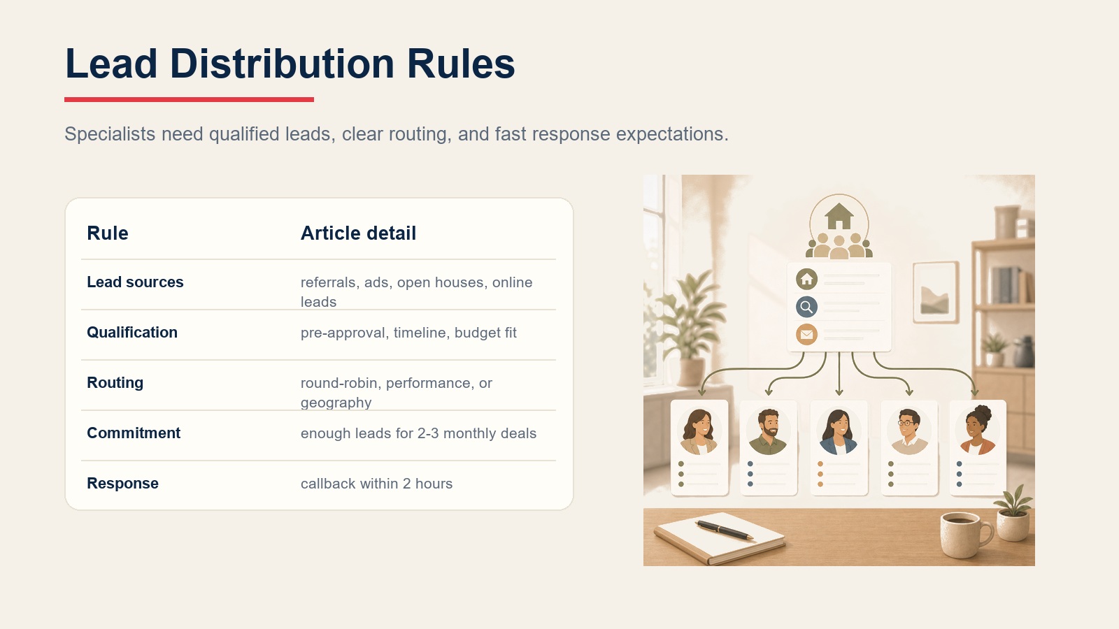 Lead distribution rules table for lead sources, qualification, routing, volume commitment, and response time