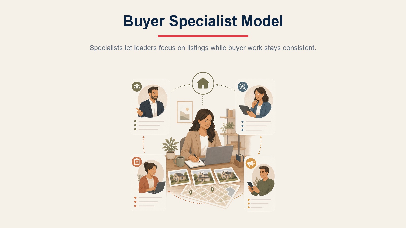 Buyer specialist model visual showing team leader, specialist, coordinator, and lead source roles