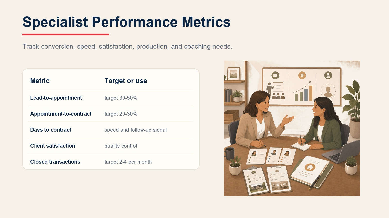 Specialist performance metrics table for lead-to-appointment, appointment-to-contract, days to contract, satisfaction, and closed transactions
