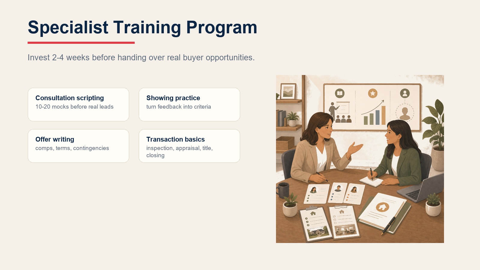 Specialist training program cards for consultation scripting, showing practice, offer writing, and transaction basics