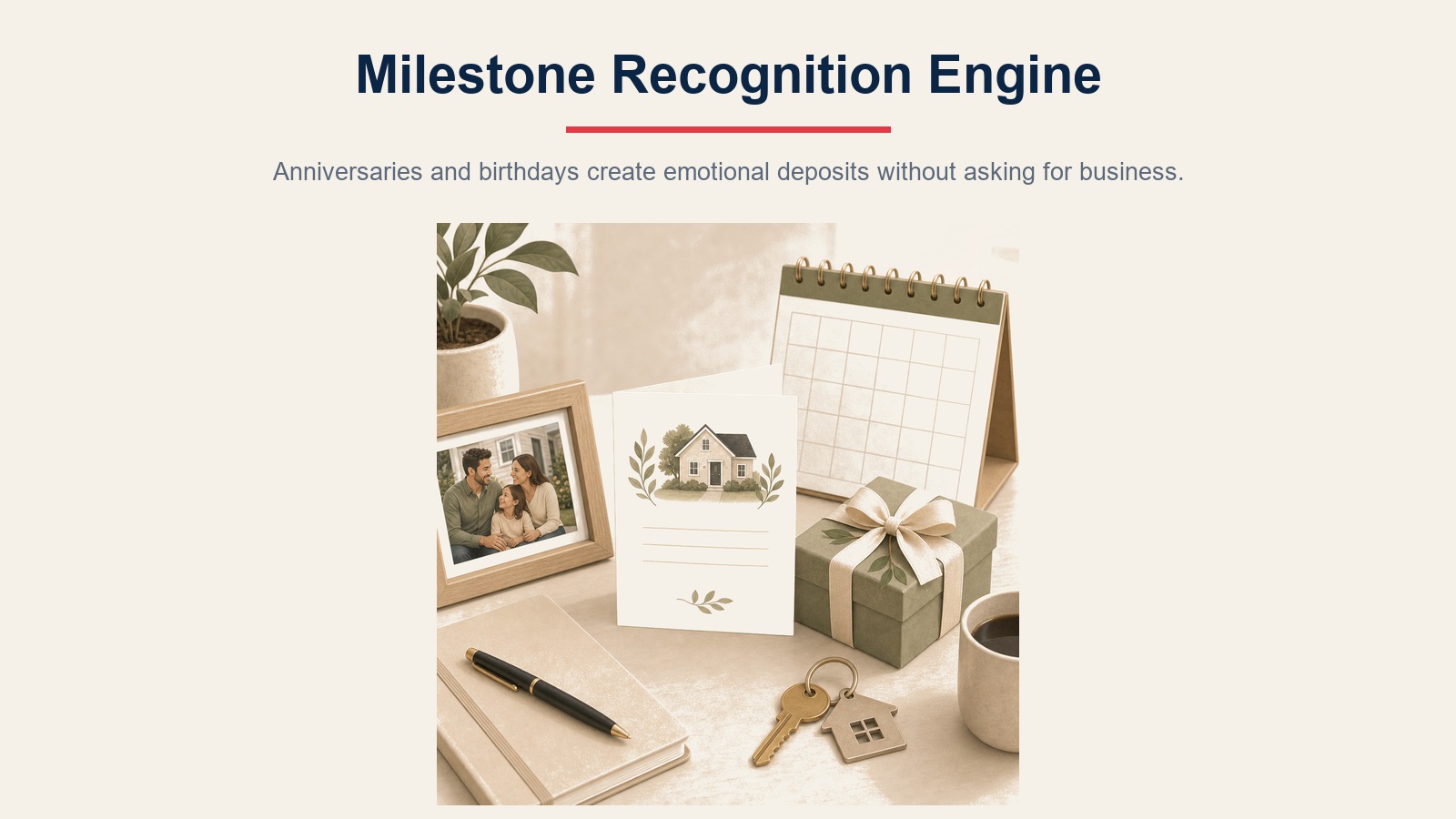 Milestone recognition engine visual showing cards, gifts, home key, and relationship touchpoints