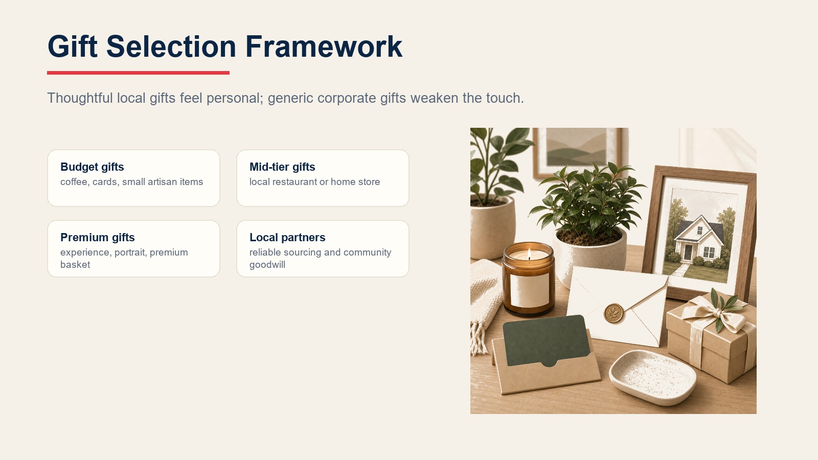 Gift selection framework cards for budget gifts, mid-tier gifts, premium gifts, and local partners