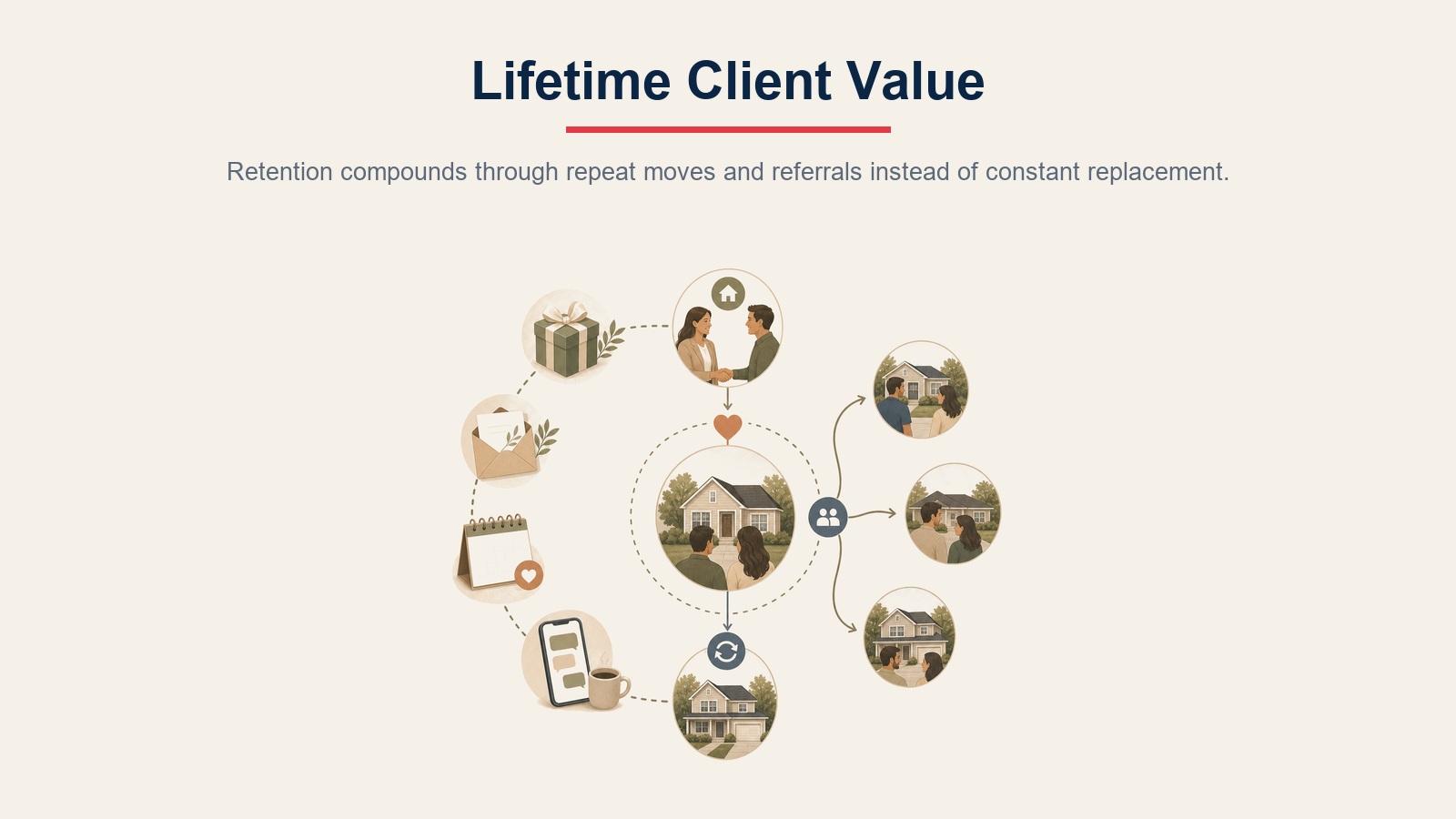 Lifetime client value visual showing repeat transactions and referrals compounding from one client relationship