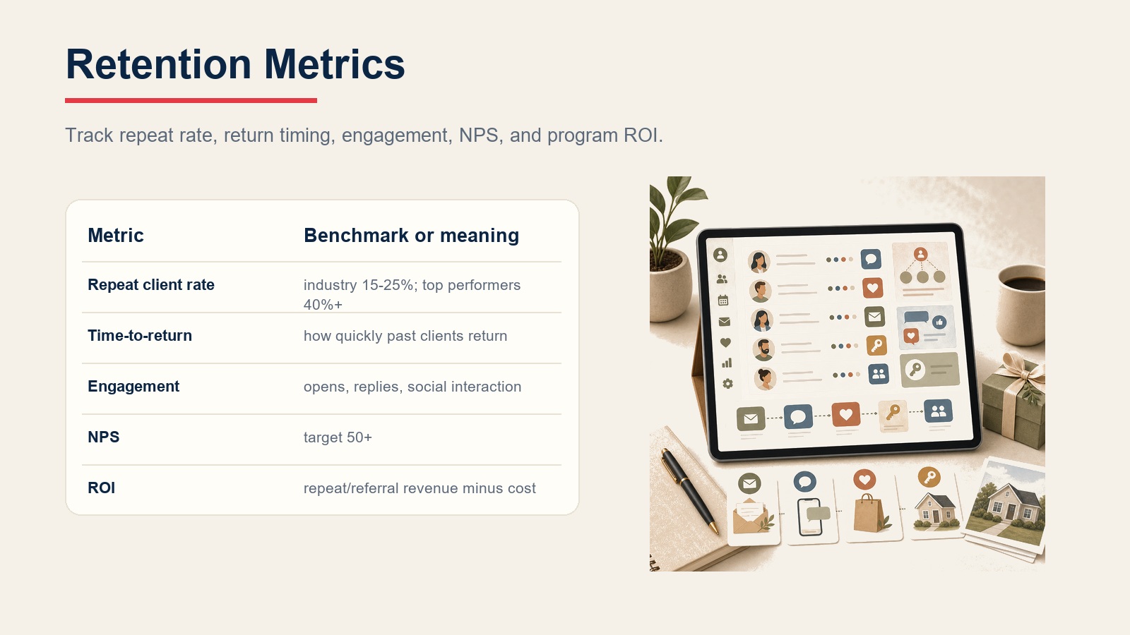 Retention metrics table for repeat client rate, time to return, engagement, NPS, and ROI
