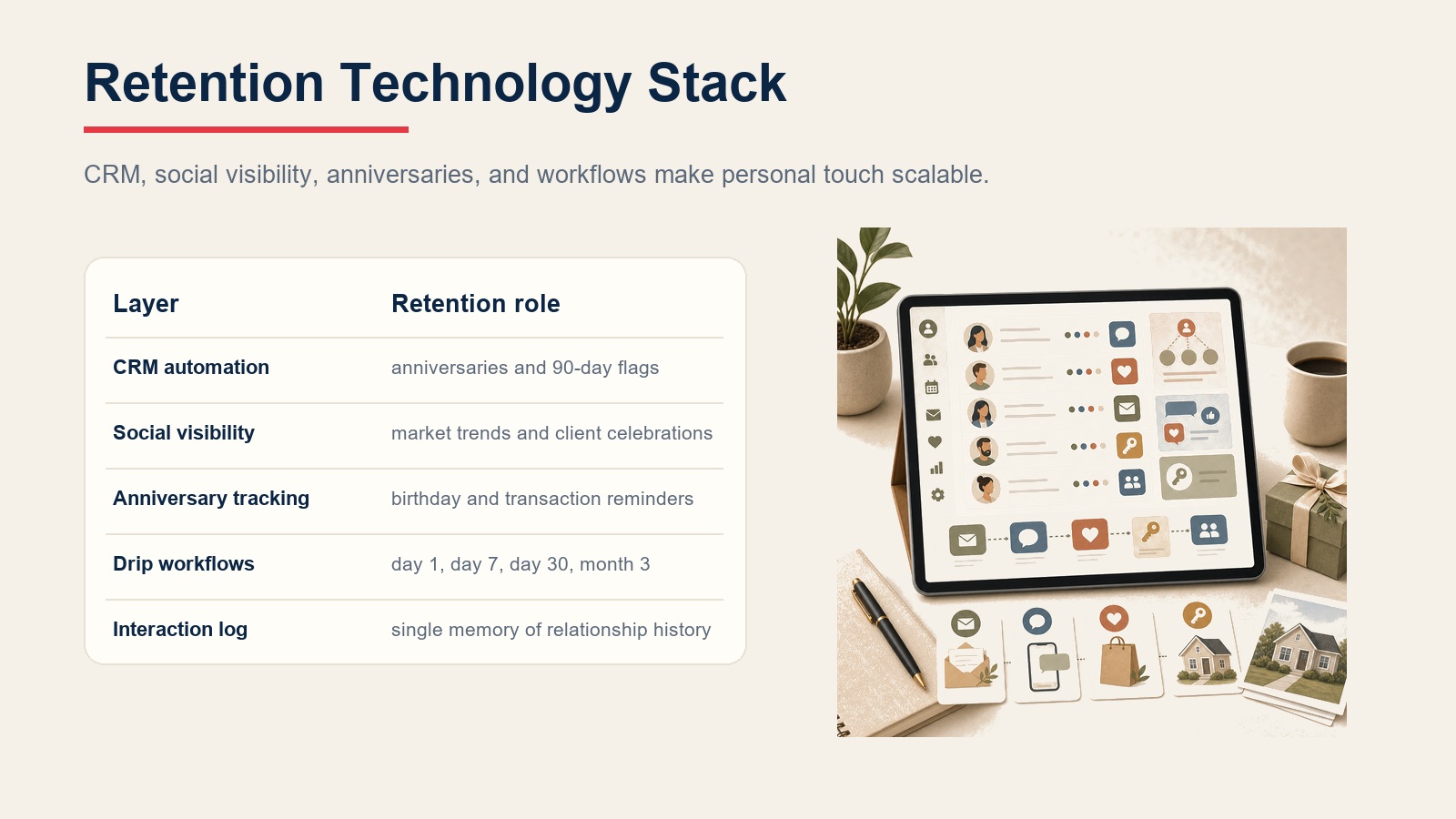 Retention technology stack table for CRM automation, social visibility, anniversary tracking, drip workflows, and interaction log