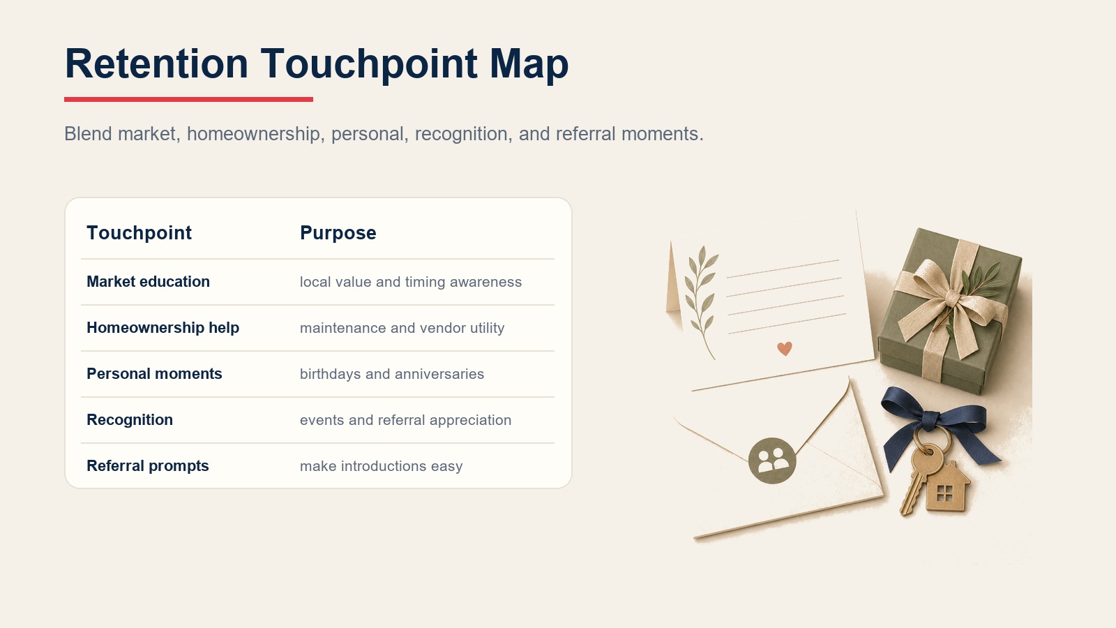 Retention touchpoint map table for market education, homeownership help, personal moments, recognition, and referral prompts