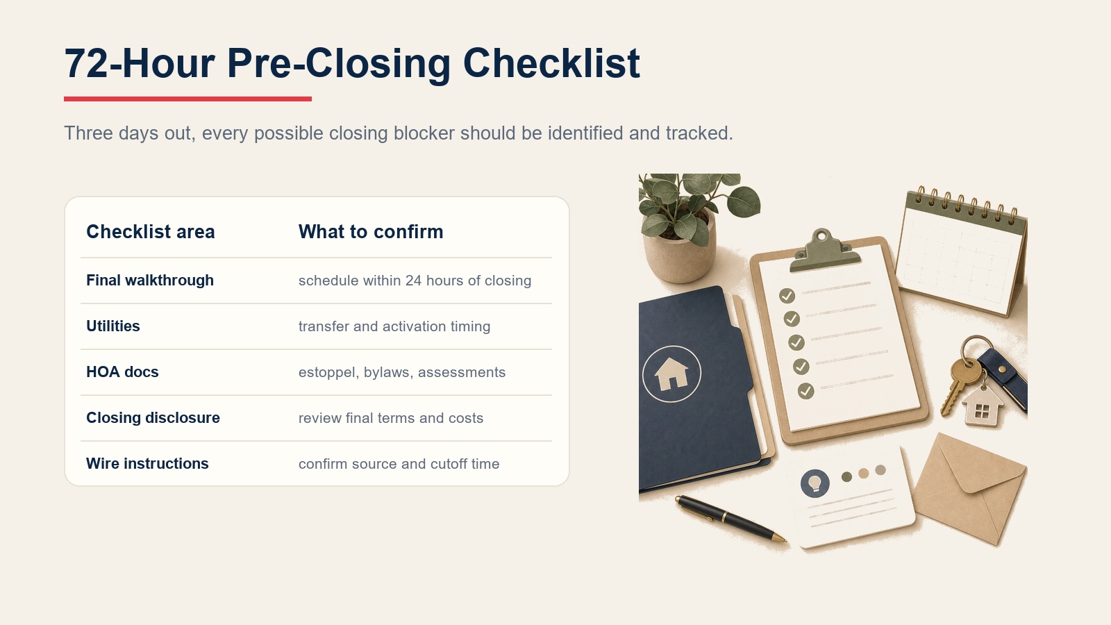 72-hour pre-closing checklist table for walkthrough, utilities, HOA docs, closing disclosure, and wire instructions