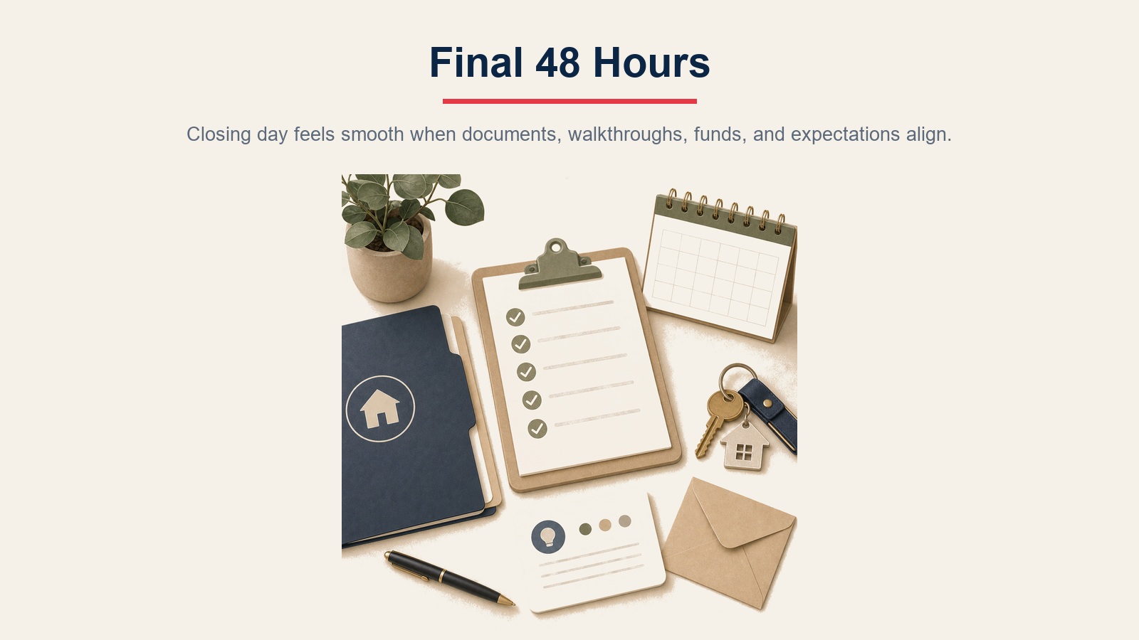Final 48 hours visual showing closing checklist, keys, calendar, and final preparation documents