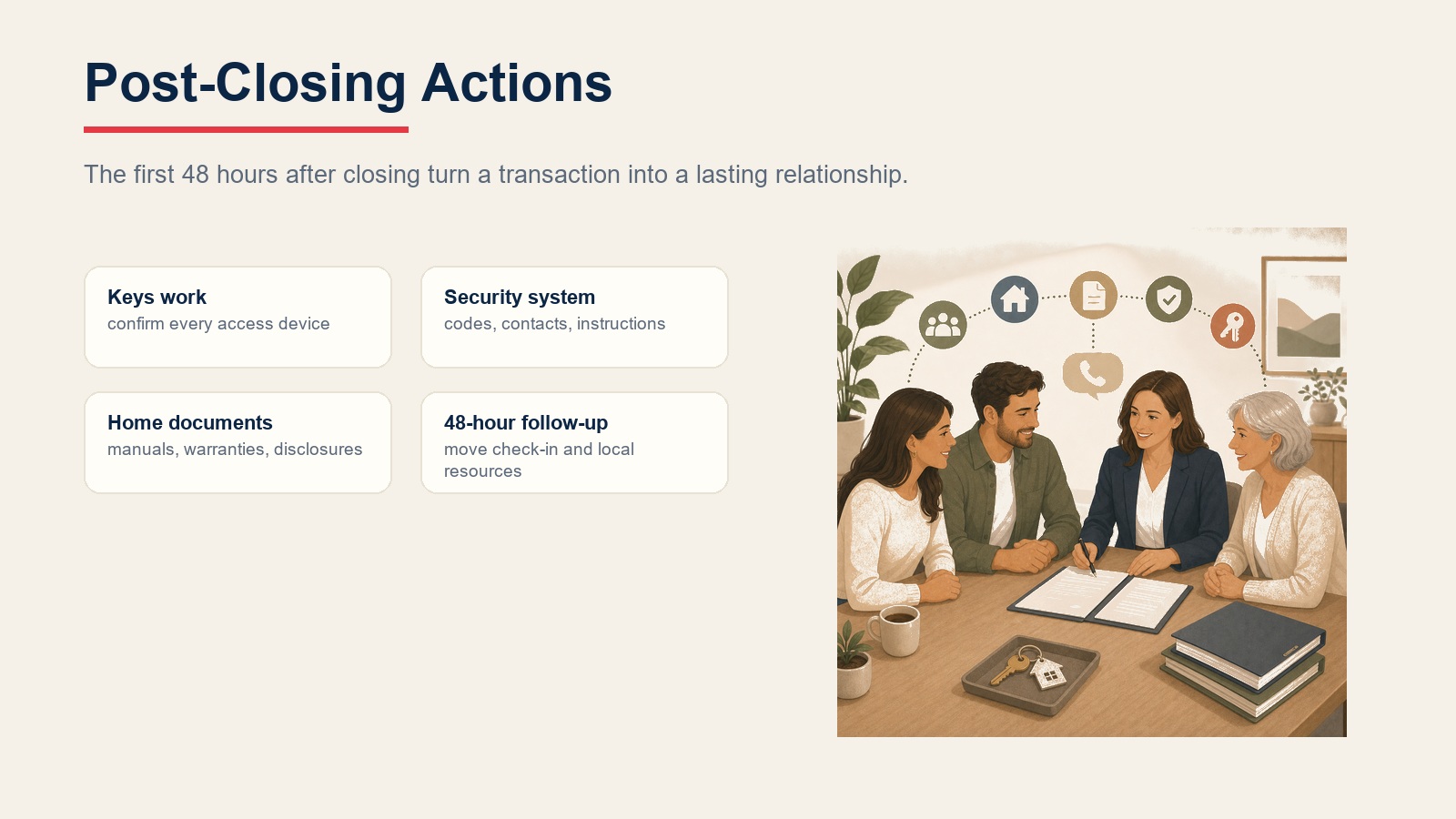 Post-closing actions cards for keys, security system, home documents, and 48-hour follow-up