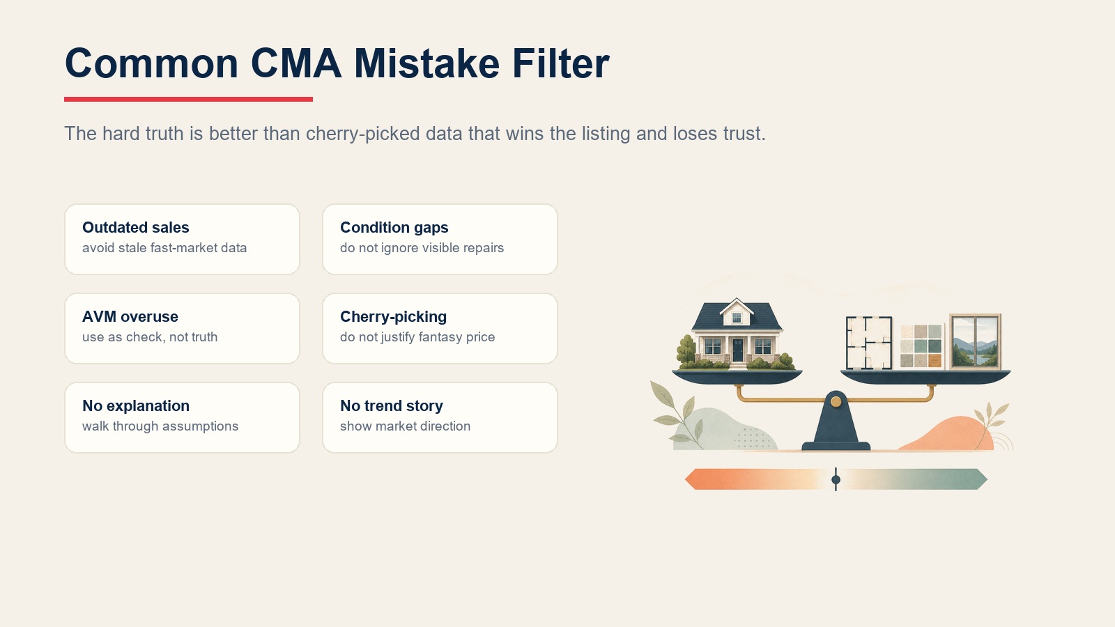 Common CMA mistake filter for avoiding outdated comps, AVM overuse, and cherry-picking
