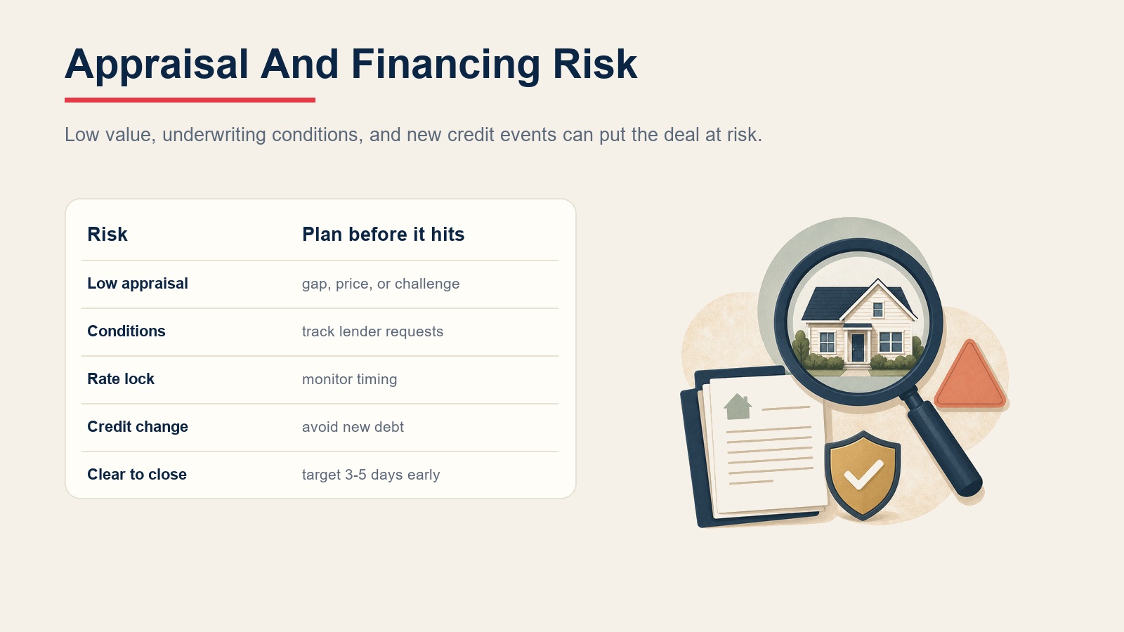 Appraisal and financing risk table for low appraisal, conditions, rate lock, credit change, and clear to close