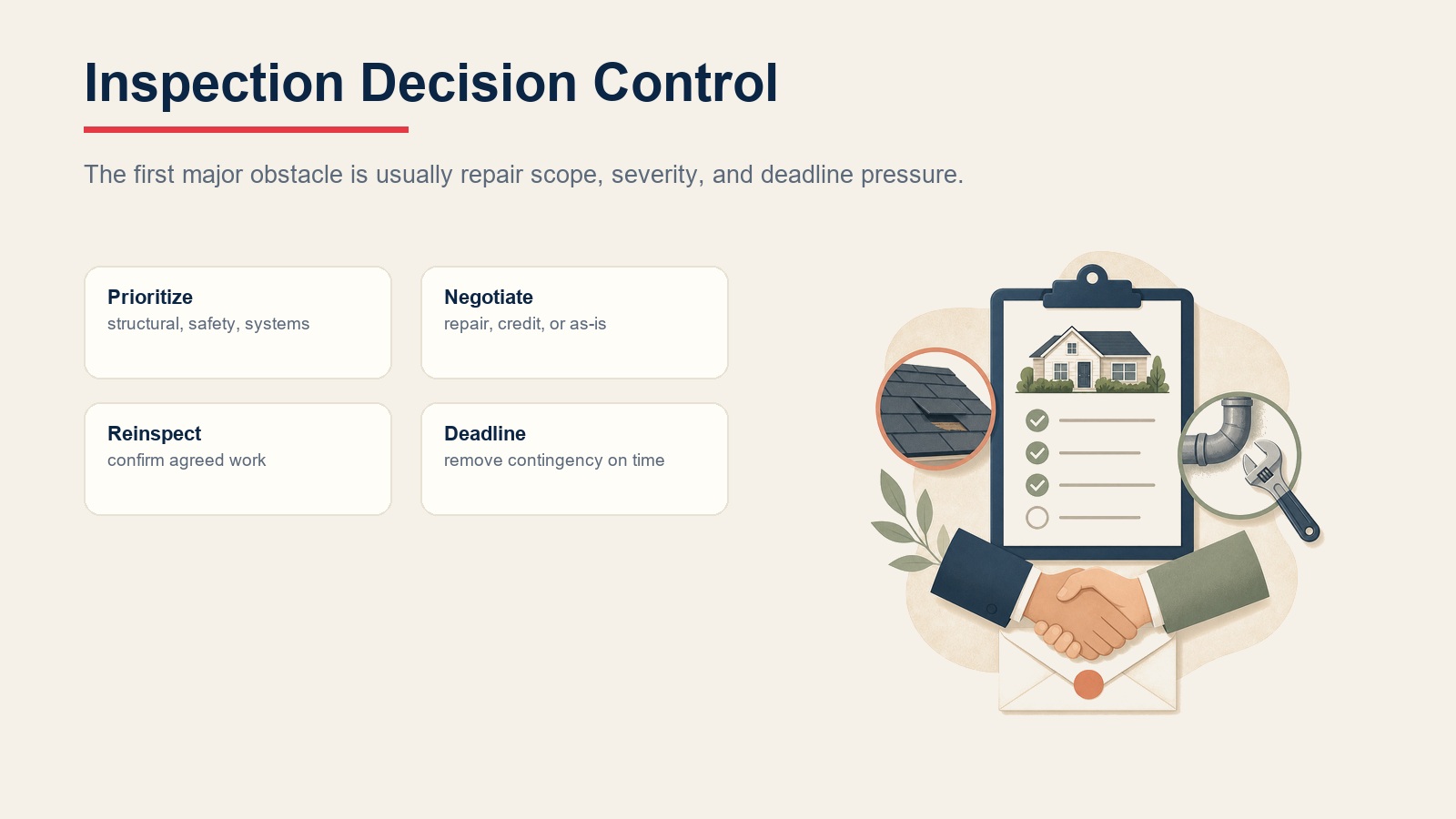 Inspection decision control for repair priorities, negotiation, reinspection, and contingency deadlines