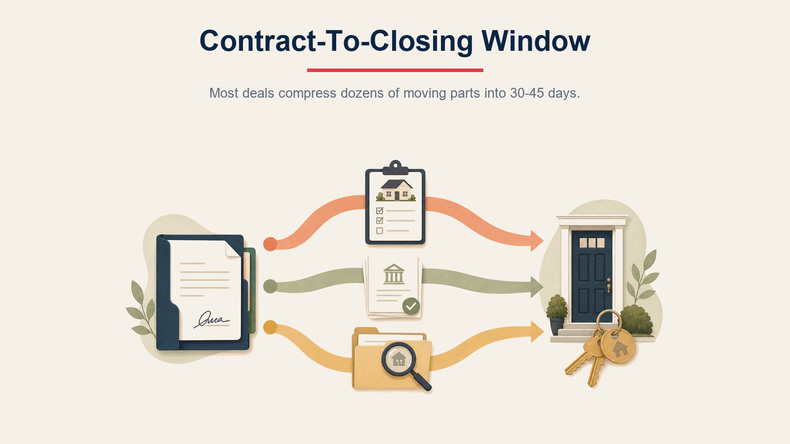 Contract-to-closing window showing parallel workstreams from signed contract to key handoff
