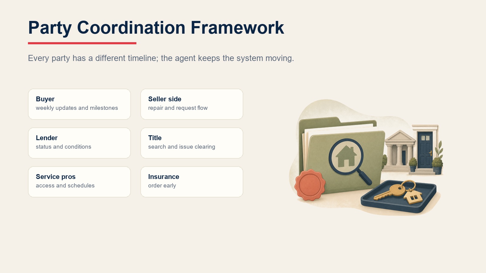 Party coordination framework for buyers, seller side, lender, title, service providers, and insurance